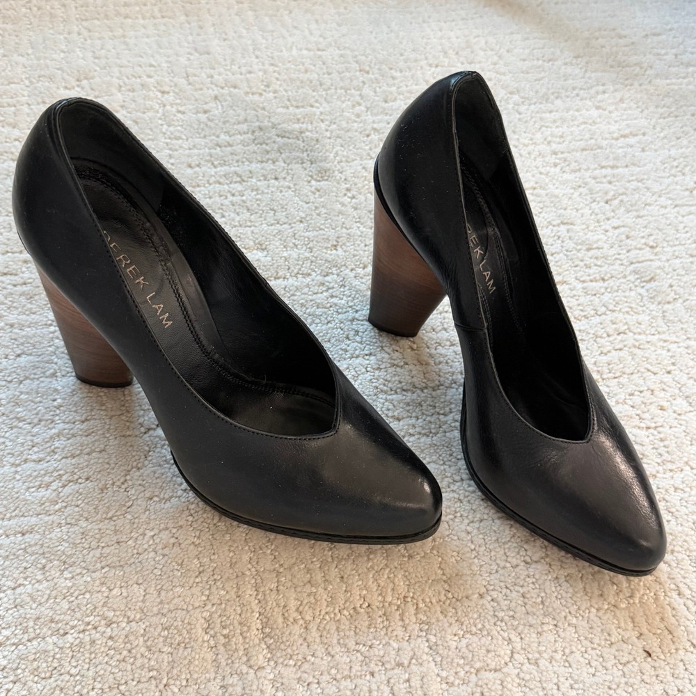 Derek Lam Black Leather Wood Block Heel Pumps Pointed Toe Made in Italy 37.5 - 7